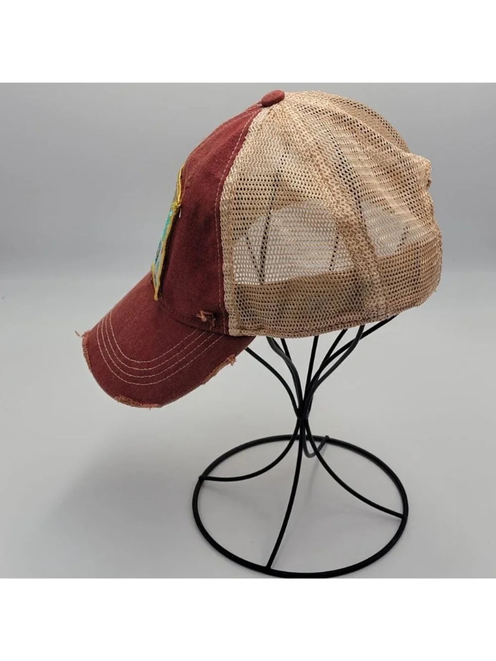 Judith March Distressed Burgundy Trucker Hat With Embroidered Floral Deer Patch